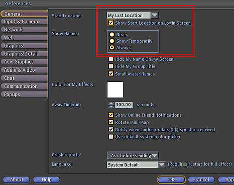 how to change preferences on second life